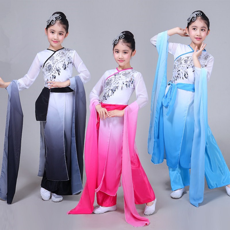 Children Chinese folk dance costumes ancient traditional water sleeves fairy cosplay hanfu yangko fan umbrella dance dresses