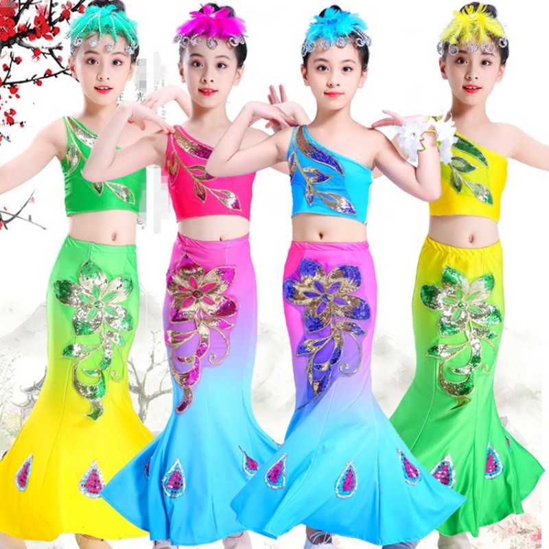 Children Chinese folk dance costumes belly dance mermaid dress kids girls peacock modern dance dresses drama cosplay dress