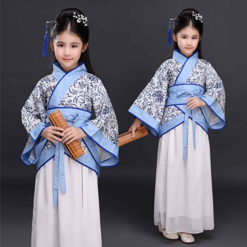 Children chinese folk dance costumes blue and white ancient traditional classical cosplay hanfu halloween christmas party cosplay fairy dresses