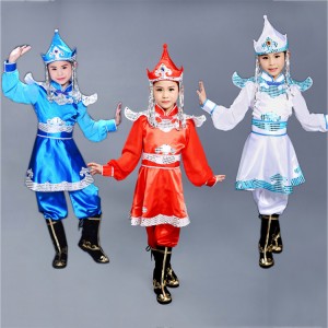 Children Chinese folk dance costumes boys girls red blue Mongolian  ancient traditional stage performance robes clothes