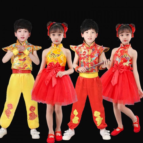 Children Chinese folk dance costumes China gold dragon drumming  performance clothes waist drum team  rap Chinese red dance martial arts suit for boys girls yangko dance wear