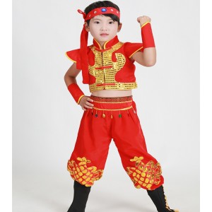 Children Chinese folk dance costumes dragon style boys kids  ancient yangko drummer stage performance tops and pants