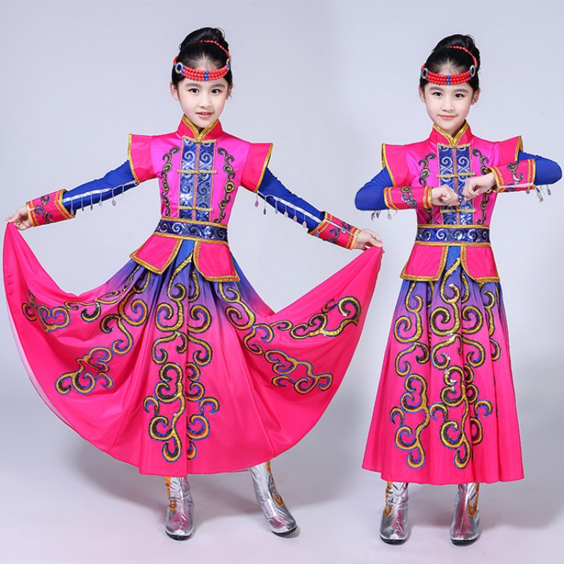 Children Chinese folk dance costumes fuchsia ancient traditional Mongolian stage performance drama cosplay robes dresses