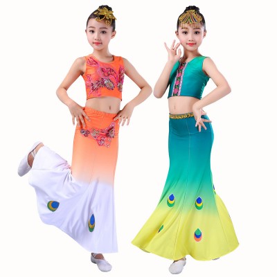 Children Chinese folk dance costumes girls peacock Dai peformance dresses orange green Gradient color fishtail skirt peacock dance costumes belly dance dresses for kids