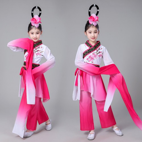 Children chinese folk dance costumes hanfu fairy water sleeves cosplay dresses yangko umbrella classical dance costume