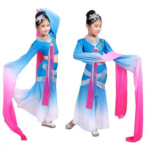 Children chinese folk dance costumes water sleeves hanfu stage performance yangko fairy traditional classical dance dresses