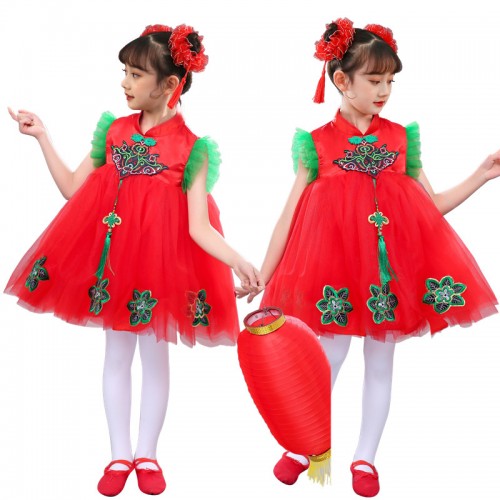 Children  Chinese Folk dance dress red Spring festive performance clothes kindergarten lantern dance puffy Skirt performance clothes For kids