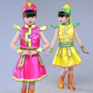 Children Chinese folk  Mongolian dance costumes yellow fuchsia minority Mongolia stage performance drama cosplay dresses