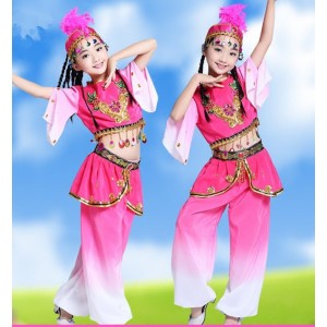 Children Chinese Xinjiang performance dresses hot pink gradient Drama film party Xinjiang dance clothing for girls  ethnic minority Uighurs dance clothes
