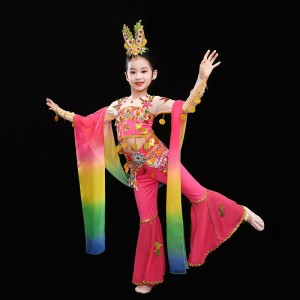 Children Colorful rainbow color chinese folk fairy dance dress Feitian Dunhuang Dance Costume Thousand-hand Guanyin Pipa Dance Water Sleeve Costumes 