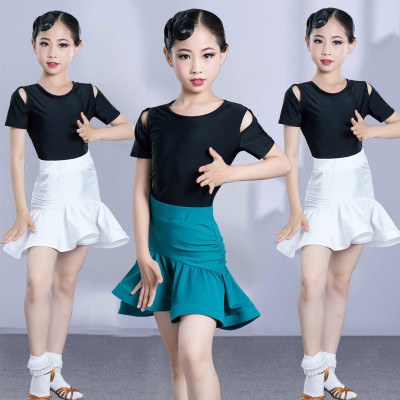 Children dark green white  Latin dance dresses girls Latin ballroom dance clothes girls practice short-sleeved tops and skirts