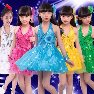Children Dress Party DAnce Clothes Girls Clothing Infant Modern Jazz Dance Performance Costumes Sequined Veil Choral Costumes
