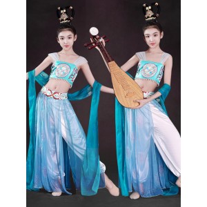 Children Fairy Dunhuang flying dance costume Kids blue chinese folk classical ribbon dance dresses for girls  flying music drums bounce, pipa Hu Xuan dance hanfu for Baby