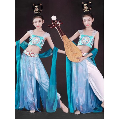 Children Fairy Dunhuang flying dance costume Kids blue chinese folk classical ribbon dance dresses for girls  flying music drums bounce, pipa Hu Xuan dance hanfu for Baby