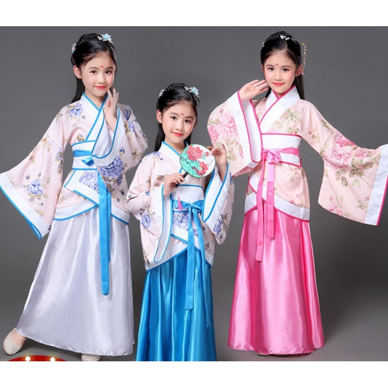 Children folk dance costumes for girls kids stage performance blue pink ancient fairy drama cosplay school competition robes dress