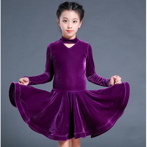 Children girl wine velvet latin dresses Gymnastics Dancewear Competition Dancing Costume Child ballroom Dance Dress For Girls