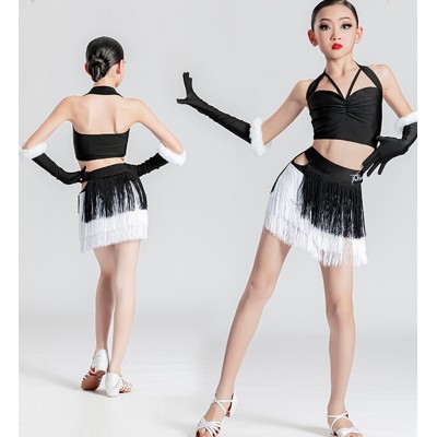 Children girls black with white fringe Latin dance dress for kids tassel dance skirt professional competition ballroom salsa dance outfits with gloves for girl