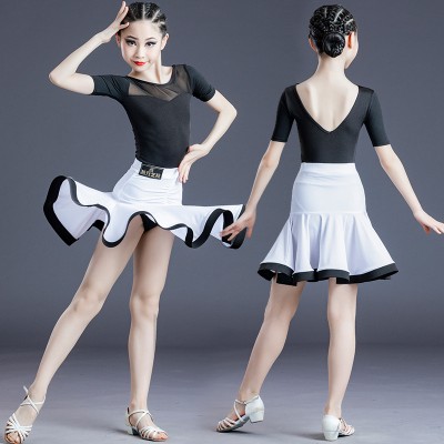 Children girls black with white leopard Latin dance dresses Children latin dance costumes skirt kids girls professional competition skirt