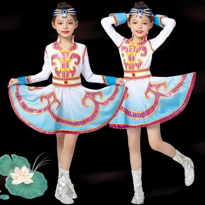 Children Girls blue color Mongolian dance dresses minority clothing chopsticks dance performance costumes for girls kids