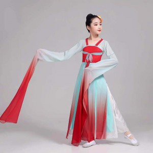 Children Girls blue red Chinese Folk classical water sleeve performance costume fairy hanfu Caiwei dance dresses flowing sleeve competition art test wear for kids