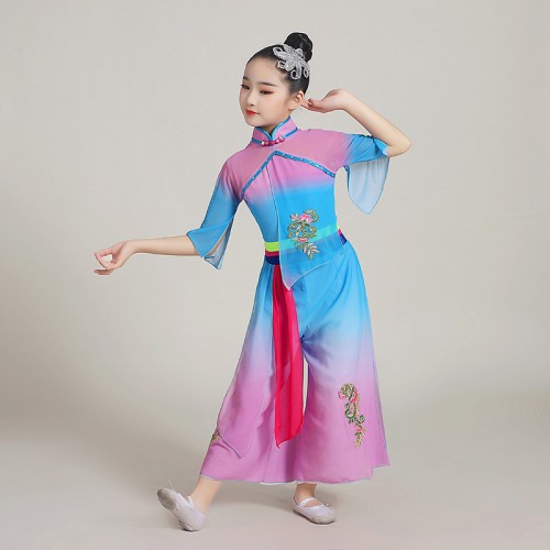 Children Girls Blue with pink chinese folk classical dance costumes fairy hanfu modern dance umbrella Yangge dance ethnic dance outfits for kids