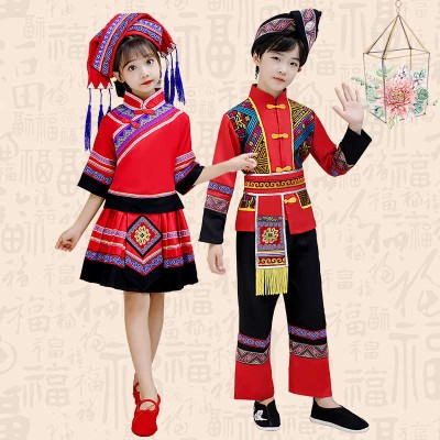 children Girls boys blue red colored chinese hmong Miao folk dance costumes ethnic minority dance costumes Zhuang Dong yao yi performance clothes