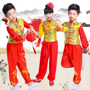 Children  girls boy's chinese folk dance costumes china dragon pattern style stage performance yangko dance dress tops and pants