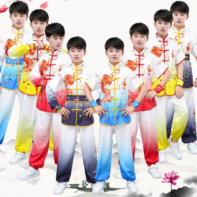 Children Girls boys chinese kung fu martial arts wushu performance clothes drumming china dragon dance training clothes competition stage clothing for kids