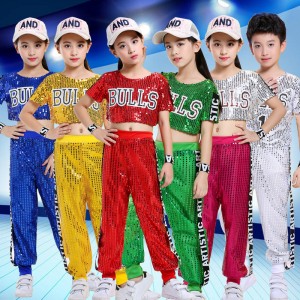 Children girls boys gold silver blue red sequin jazz dance costumes modern hiphop gogo dancers outfits hip-hop rap street dance tops and pants for kids