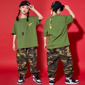 Children Girls boys hiphop street singer rapper jazz dance outfitsteenagers camouflage performing military training costumes