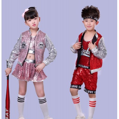 Children Girls boys pink red sequins jazz dance costumes gogo dancers drummer street performance suit cheerleader uniforms modern dance outfits for kids