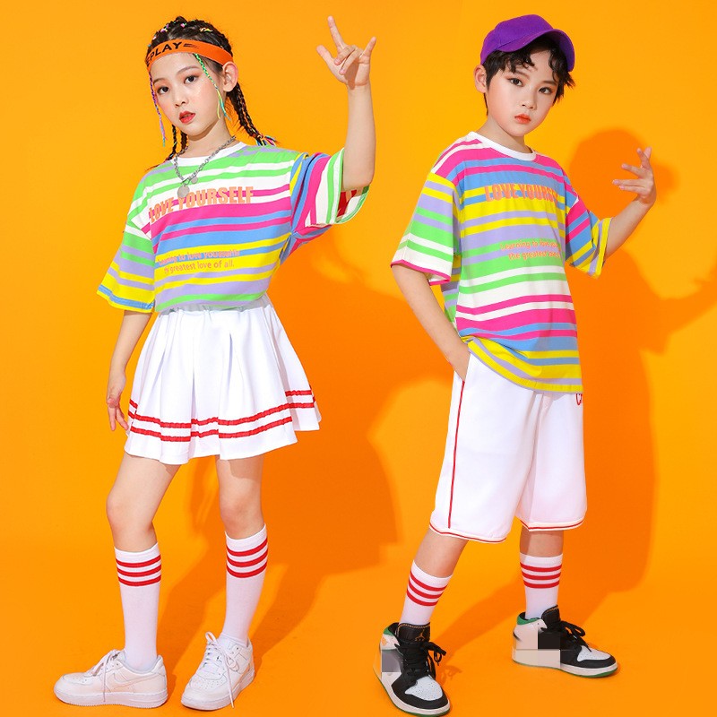 Children girls boys rainbow colored hiphop jazz dance costumes rapper singers gogo dancers hip-hop clothing children cheerleading uniforms