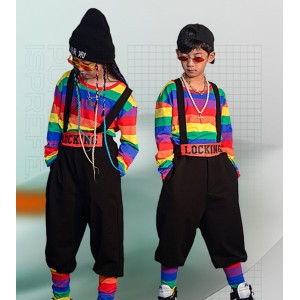 Children Girls boys rainbow striped rapper hiphop street dance costumes singer hip-hopjazz dance costume model show hip hop rainbow dance outfits for kids