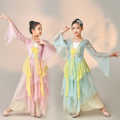 Children girls chinese folk classical dance costumes fairy butterfly performance dresses Chinese dance embroidery suit fan umbrella dance suit for kids