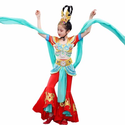 Children Girls Chinese folk classical dance costumes water sleeve Caiwei dance dresses faiy hanfu Chinese Dunhuang flying flowing fairy pipa dance wear for children