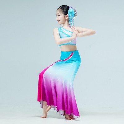 Children Girls chinese folk dance costumes  blue with purple gradient peacock Dai dance dress modern stage performance  fishtail skirt belly dance dress for kids