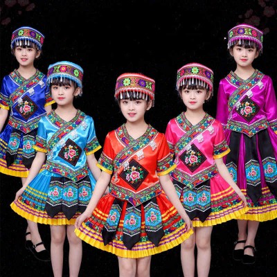Children girls chinese folk dance costumes yi miao hong performance dresses girls miao dance costumes yao guangxi zhuang yi dance clothes for kids 