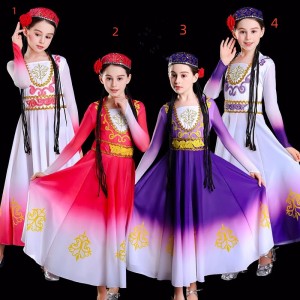 Children girls Chinese folk Xinjiang dance dresses 56 ethnic minorities oriental Uighurs dance costumes stage performance big skirts with headdress for kids