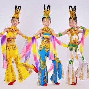 Children girls chinse folk dance costumes fairy Guanyin flying dance national dance clothes Dunhuang dance performance clothing
