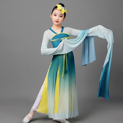 Children girls classical Chinese folk dance dresses waterfall sleeves caiwei dance costumes for kids elegant swing sleeves fairy dance hanfu for kids