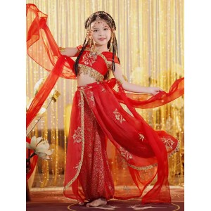 Children Girls dun huang fly dance costumes fairy hanfu girls ribbon classical dance clothes exotic ethnic belly Western Regions Chinese ancient dance wear for kids