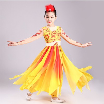 Children Girls gold with red Xinjiang Dance dresses Uyghur National Dance Performance clothes Chinese style children's Xinjiang dance costumes