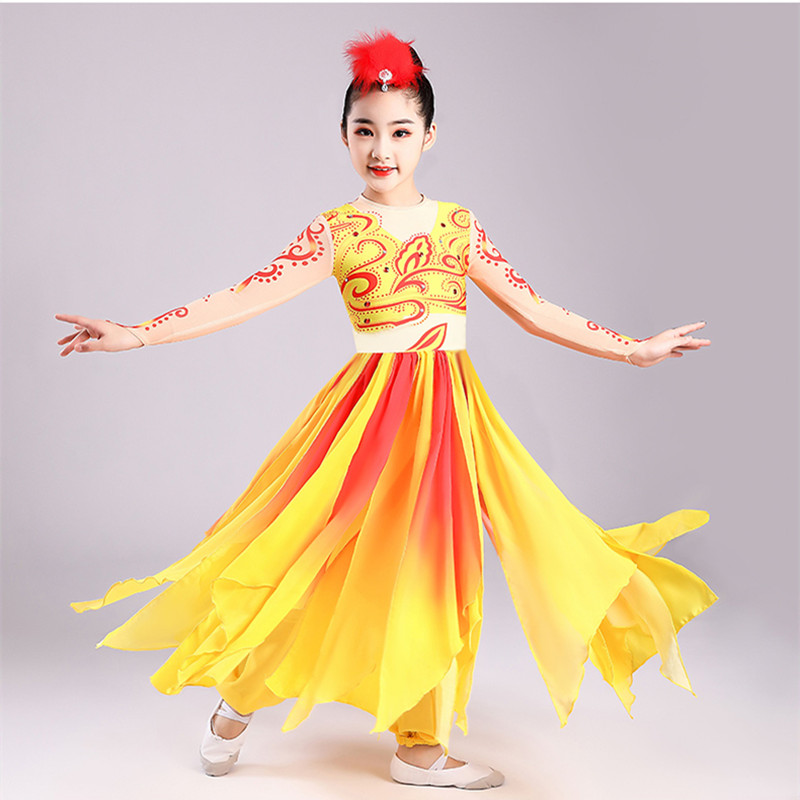 Children Girls gold with red Xinjiang Dance dresses Uyghur National Dance Performance clothes Chinese style children's Xinjiang dance costumes