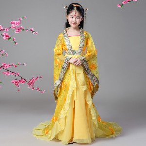Children Girls gold yellow Queen Empress fairy hanfu performance dresses ancient folk costumes Tang Dynasty queen princess model show stage catwalk costume