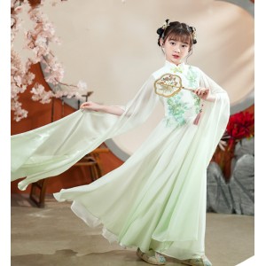 Children Girls Green Gradient Chinese Hanfu fairy dresses guzheng performance suit folk music classical dance performance clothes for kids