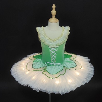 Children Girls green velvet tutu skirt led light ballet dance dress fairy xmas party ballet dance sling dress ballerina prom concert professional stage ballet dance costume 