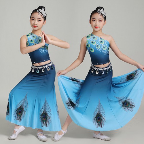 Children Girls kids blue color Chinese folk Dai peacock dance costumes fishtail skirts Peacock dance dresses children art test clothing
