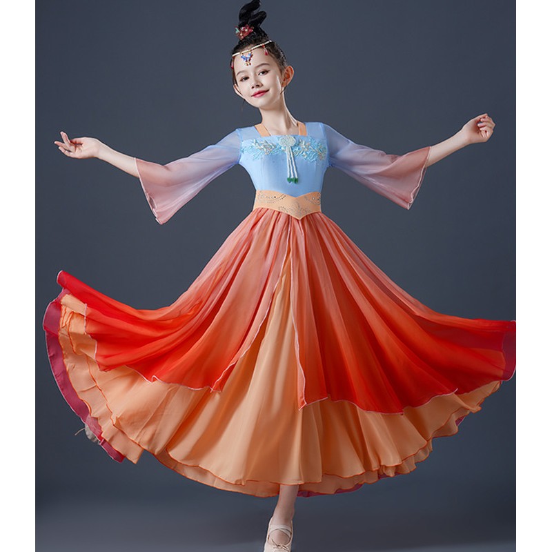 Children Girls kids fairy hanfu princess dresses Han and Tang chinese traditional classical dance performance clothes fan umbrella dance costumes for girl