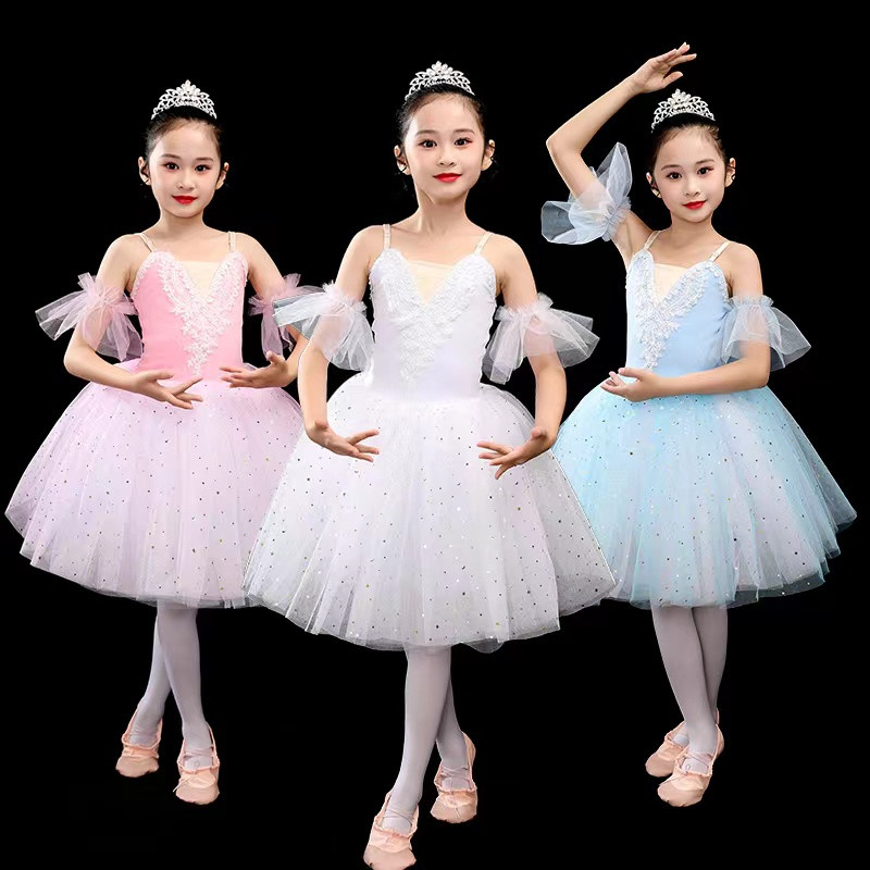 Children girls kids little swan lake white blue pink tutu skirt modern  ballet dance dress long tulle sequins skirts ballerina ballet dance  costumes