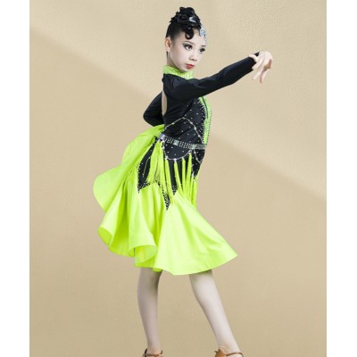 Children girls Neon green purple white royal blue Latin Dance Competition dresses with diamond Professional latin dance Costumes Fringed latin Skirts customizable color size
